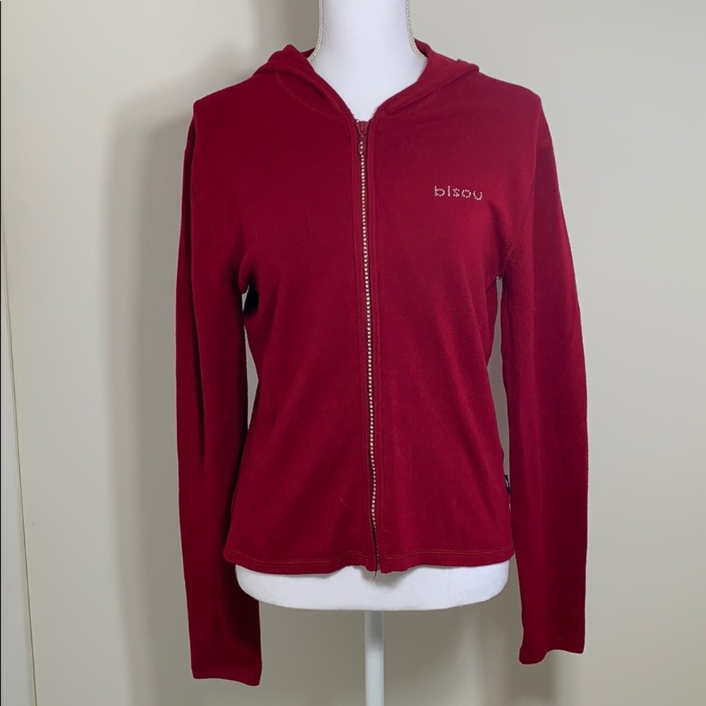 Red Bisou Bisou Silk Zip-Up w/Hood | Size L
